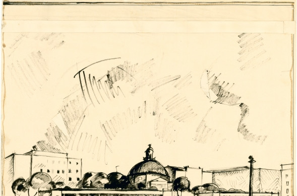 Bryggmanin piirrosluonnos kauppatorista paviljonkeineen vuodelta 1924. Suunnitelma ei koskaan toteutunut.