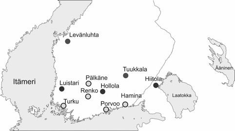Tutkimuksen rautakautiset sek&#228; keskiaikaiset kalmistot ovat Lev&#228;nluhta Isokyr&#246;ss&#228;, Luistari Eurassa, Kirkkailanm&#228;ki Hollolassa, Kyl&#228;lahden Kalmistonm&#228;ki Hiitolassa sek&#228; Tuukkala Mikkeliss&#228; (merkitty karttaan tummanharmaalla). Historiallisen ja modernin ajan hautausmaista tutkimuksessa olivat mukana P&#228;lk&#228;neen Rauniokirkko, Porvoon tuomiokirkko, Rengon Pyh&#228;n Jaakon kirkko, Turun Julinin tontti sek&#228; Haminan rykmentinkentt&#228; (merkitty vaaleanharmaalla). 