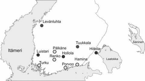 Tutkimuksen rautakautiset sekä keskiaikaiset kalmistot ovat Levänluhta Isokyrössä, Luistari Eurassa, Kirkkailanmäki Hollolassa, Kylälahden Kalmistonmäki Hiitolassa sekä Tuukkala Mikkelissä (merkitty karttaan tummanharmaalla). Historiallisen ja modernin ajan hautausmaista tutkimuksessa olivat mukana Pälkäneen Rauniokirkko, Porvoon tuomiokirkko, Rengon Pyhän Jaakon kirkko, Turun Julinin tontti sekä Haminan rykmentinkenttä (merkitty vaaleanharmaalla). 