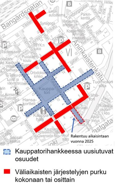 Kauppatorihanke ja väliaikaisten liikennejärjestelyjen laajuus.