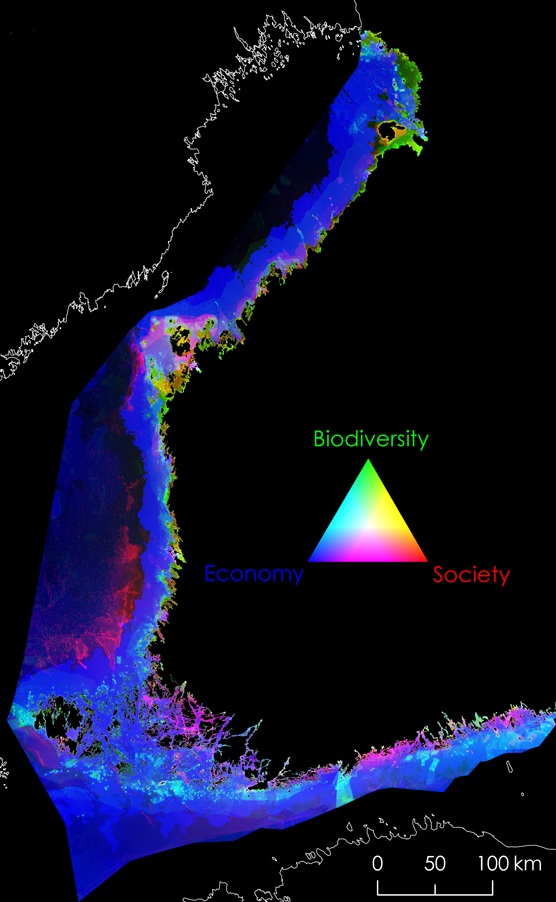 Tutkimuksessa määritettiin myös alueet, minne tuulivoimaa ei kannata rakentamisen aiheuttamien todennäköisten ristiriitojen takia suunnitella. Vaaleansinisillä alueilla syntyy eniten ristiriitoja tuulivoiman rakentamisen ja luonnon välillä, pinkeillä alueilla tuulivoiman rakentamisen ja ihmisen välillä. Alueet, joilla ihmisen ja meriluonnon edut ovat ristiriidassa, ovat keltaisia.