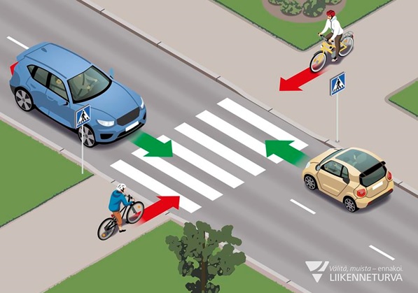 Väistämissäännöt tilanteessa, jossa pyöräilijä tulee ajoradalle, ovat monelle epäselvät.