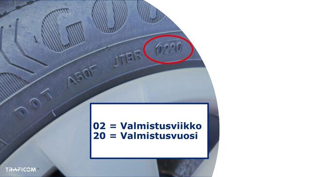 Renkaan iän voi tarkastaa renkaasta löytyvästä valmistusaikamerkinnästä. Kaksi ensimmäistä merkkiä on valmistusviikko ja kaksi viimeistä merkkiä on valmistusvuosi.