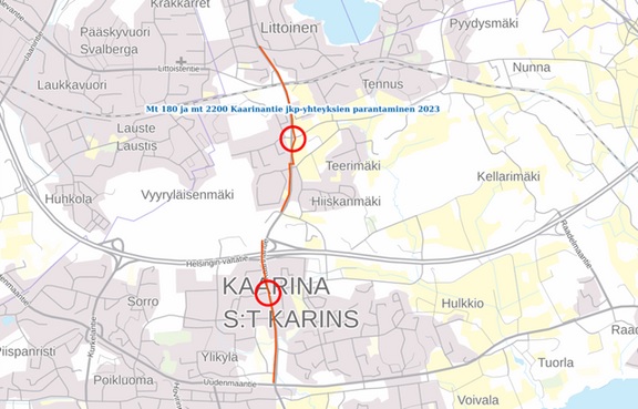 Kaarinantiellä parannetaan Laasmäenkadun ja Verkakaaren liittymissä jalankulkijoiden ja pyöräilijöiden turvallisuutta. Oranssilla viivalla esitetty jalankulku- ja pyöräilyväylän päällystettävä osuus. 
