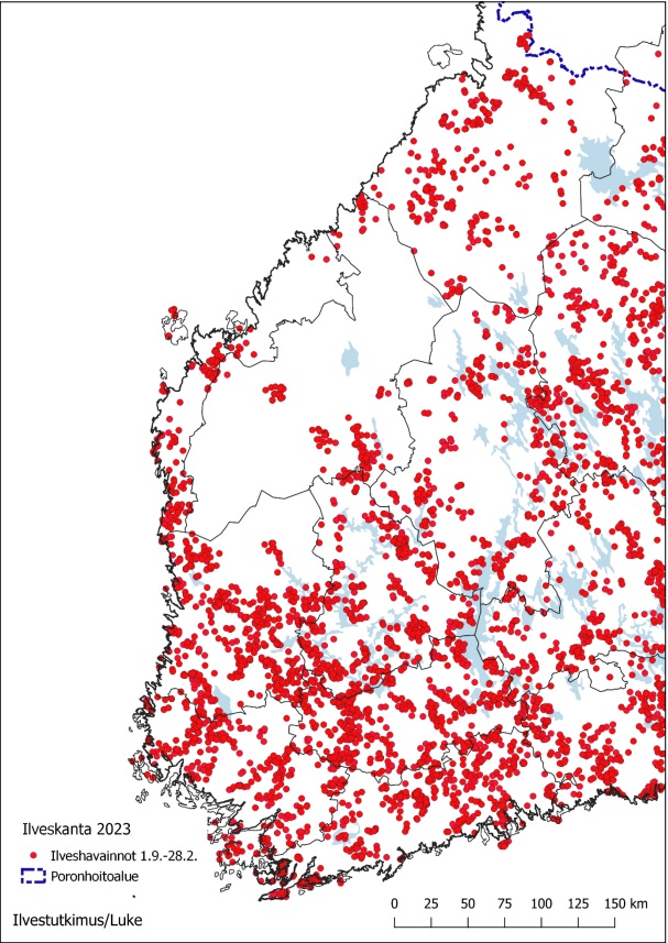 Ilvespentuehavainnot ajalta 1.9.2022–28.2.2023: Läntinen alue. Pentuehavainnossaon havaittu vähintään yksi aikuinen ja vähintään yksi alle vuoden ikäinen pentu. 