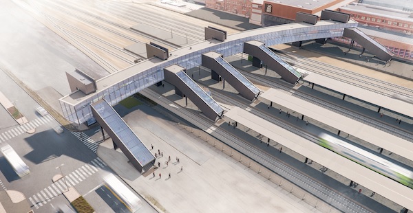 Havainnekuva uusien laitureiden ja Logomon sillan välisistä porras- ja hissiyhteyksistä.