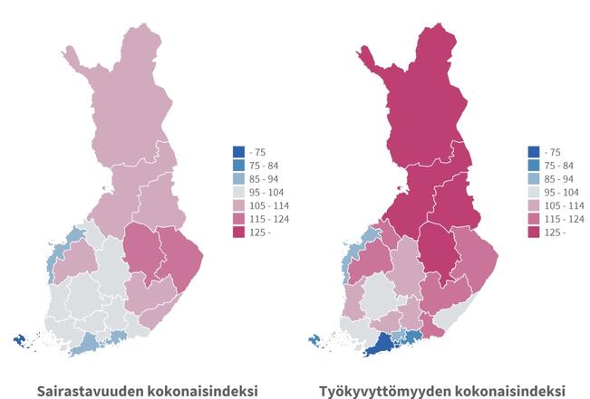Hyvinvointialueiden erot sairastavuudessa ja työkyvyttömyydessä 2019–2021, ikävakioidut indeksit.
