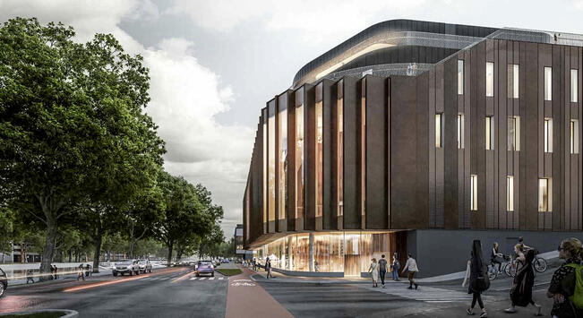 Itäisen Rantakadun maisema on muuttumassa tällaiseksi, kun pyörätiet ja kaareva Musiikkitalo valmistuvat.