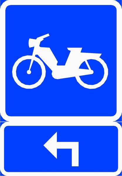 Mopon siirtymäkohta pyörätieltä tielle ilmaistaan liikennemerkkinä näin. 