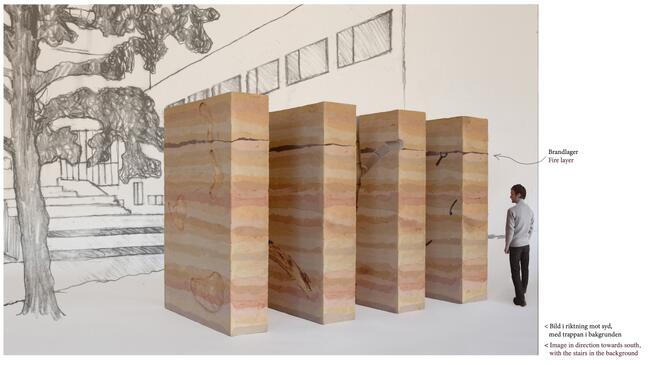 Kuva voittaneesta teosehdotuksesta. Teos asemoituu istuskeluportaiden edustalle. 