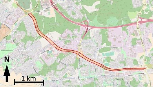 Tutkimusalue seututiellä 110, kuva muokattu Open Street Mapsista 2018. 