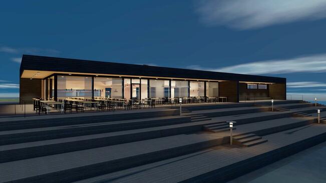 Havainnekuva Hovirinnan rantaan rakentuvasta rantapaviljongista.