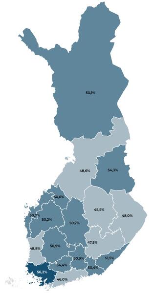 Kiinteähintaisten määräaikaisten sopimusten osuus tilauksista maakunnittain, tammi-kesäkuu.  