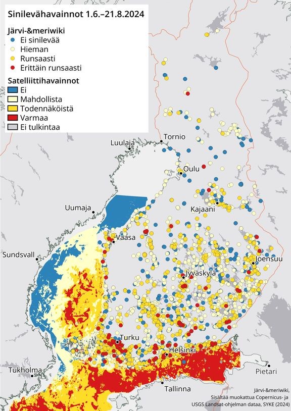 Yhteenveto kes&#228;-elokuun aikana J&#228;rvi-meriwikiin tallennetuista sinilev&#228;havainnoista ja avomerialueiden satelliittihavaintojen perusteella tulkituista kes&#228;kauden pintalev&#228;alueista. Kartassa n&#228;kyy sinilev&#228;tilanne runsaimmillaan havaintopaikoilla ja merialueilla. Sinilev&#228;havainnot: J&#228;rvi-meriwiki, valtakunnallinen sinilev&#228;seuranta ja Syken satelliittihavainnot. Satelliittihavaintojen ja J&#228;rvi-meriwikin havaintoluokittelun v&#228;riasteikot vastaavat toisiaan. 