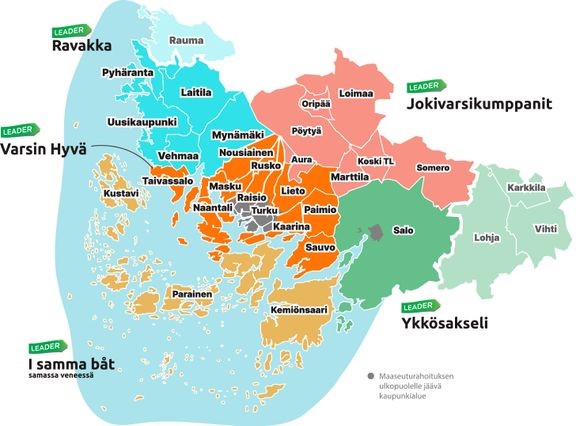 Varsinais-Suomen Leader-ryhmien aluerajat. EU:n maaseuturahoituksen ulkopuolinen alue on merkitty harmaalla.  
