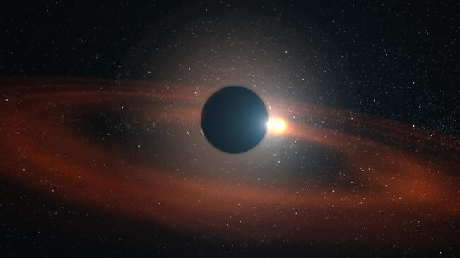 Taiteilijan näkemys CSS161010-nimisestä purkauksesta, jossa pieni musta aukko hajottaa tähden. 
