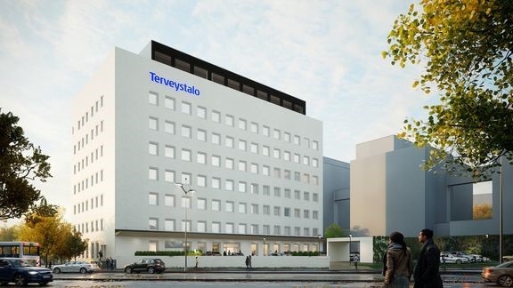 Havainnekuva Terveystalon Kupittaan uudesta l&#228;&#228;k&#228;rikeskuksesta ja sairaalasta.  
