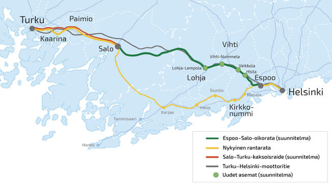 Suunniteltu Espoo–Salo-oikorata kuvassa vihreällä.