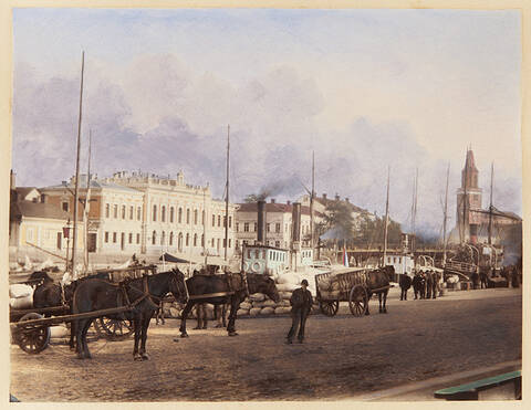 Hevoskärryjä aurajokirannasssa. Kuva on vuosilta 1870-1880.
