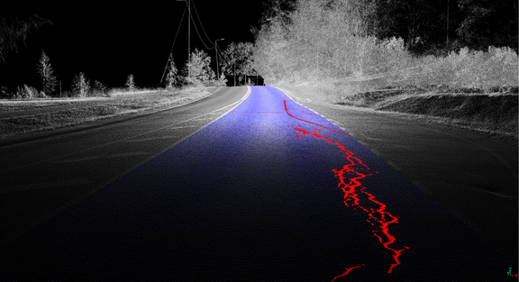 Laserkeilaamalla saadaan tarkasti näkyviin tien pinnan vauriot. 
