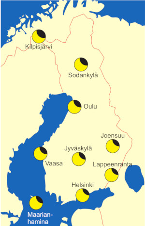 Pimennyksen syvimmän hetken suuruus eri puolilla Suomea. 