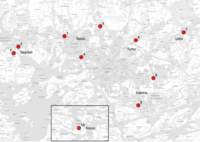 Uusien k&#228;velyn ja py&#246;r&#228;liikenteen laskentapisteiden sijainnit Turun kaupunkiseudulla. 