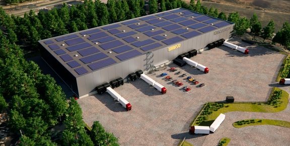 (Havainnekuva Warasto Finland Oy:n uudesta logistiikkakeskuksesta Liedon Avantin alueella. 
