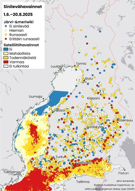 Yhteenveto kesä-elokuun aikana Järvi-meriwikiin ja Vesi.fi-palveluun tallennetuista sinilevähavainnoista ja avomerialueiden satelliittihavaintojen perusteella tulkituista kesäkauden pintaleväalueista.