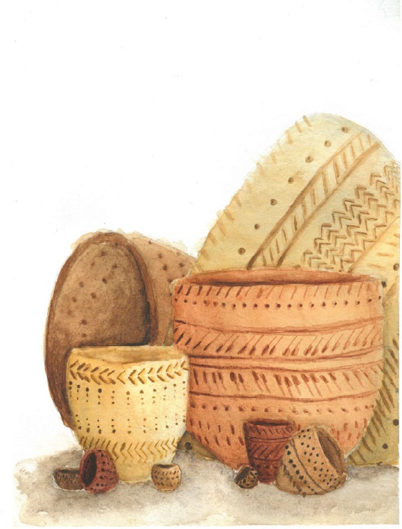 Raision museo Harkossa on esillä syksyllä esihistoriallista keramiikkaa Astioita savesta – Esihistoriallista keramiikkaa Suomesta -näyttelyssä. Katriina Törmänen, Ruukut, 2025, vesiväri.
