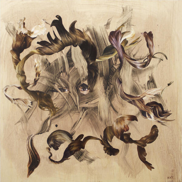 Jani Rättyä, Leaf Child, 2017, akryyli ja kollaasi vanerille, 60x60 cm.