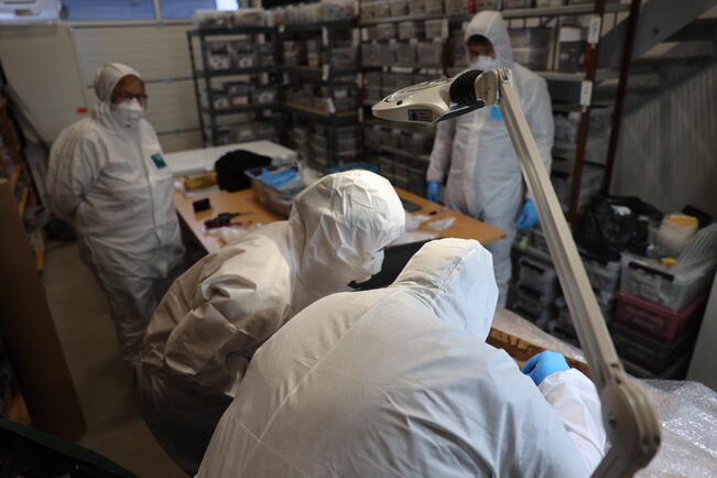 Tutkijat Tuija Kirkinen, Ronan O’Sullivan, Anniina Laine ja Ulla Nordfors ottavat näytteitä muumioituneista vainajista.