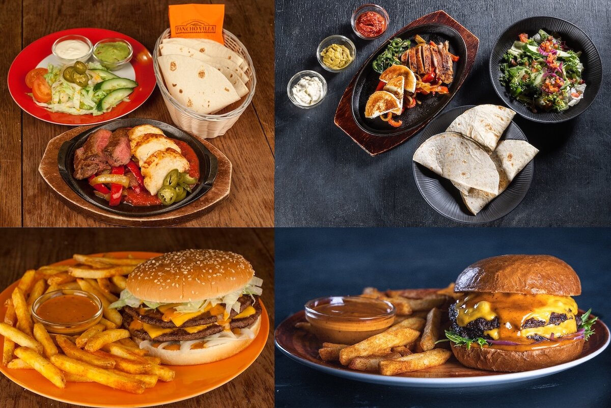 Pancho Villan annokset vuonna 2014 ja 2026. Vasemmalla ylhäällä on vuoden 2014 Combito Fajitas ja oikealla ylhäällä sama annos vuonna 2026. Vasemmalla alhaalla on vuoden 2014 Juustohampurilainen tuplana ja oikealla alhaalla on sama annos vuonna 2026. 
