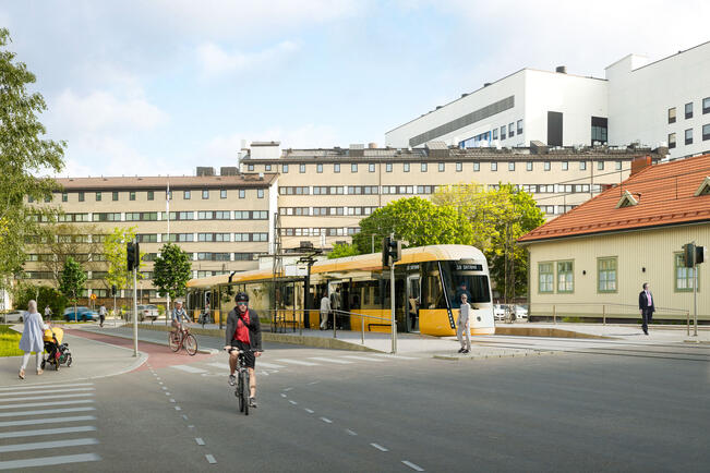 Raitiovaunu kulkisi myös Tyksin ohitse. Havainnekuva. 