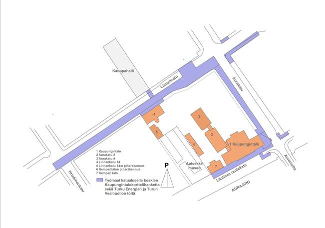 Työmaat kaupungintalohankkeen katualueilla.