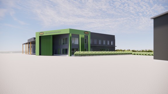 Havainnekuva HRK-Konevuokraamot Oy:n uusissta tuotanto- ja varastotiloista Raisiossa.