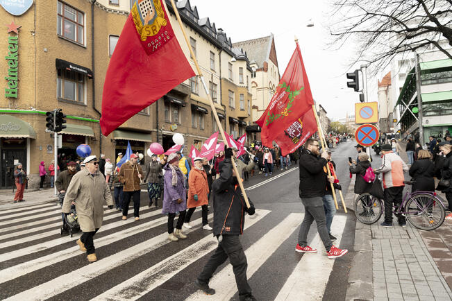 Vasemmistoliitolla ja SDP:lla on yhteinen vappumarssi Turussa. Kuva on viime vuodelta.