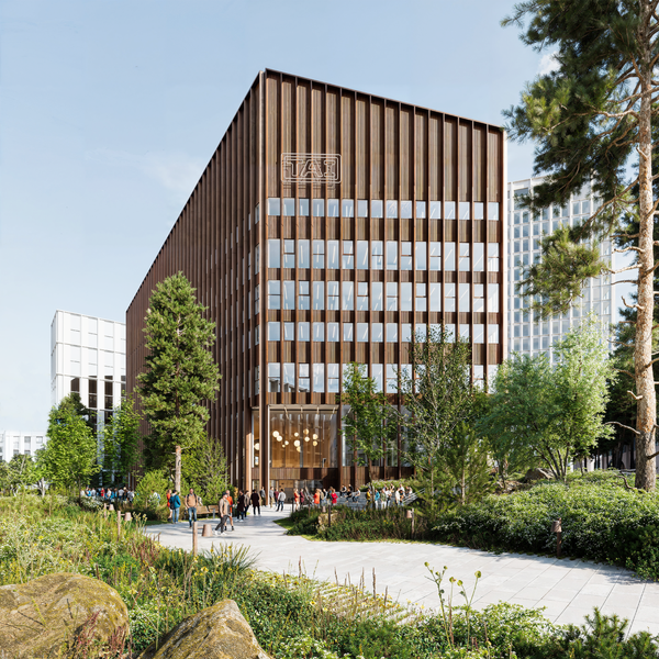 Havainnekuvassa näkyma Taito-kampuksen kampusaukiolta.