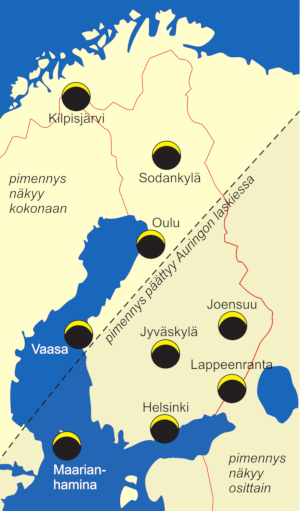 Pimennyksen suuruus maksimihetkellä eri puolilla Suomea. Suurimmillaan pimennys on Kilpisjärvellä ja pienimmillään itäisimmässä Suomessa.