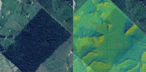 Vasen: Satelliittikuvasta näkyvä geoglyfi raivatulla metsäaukealla. Oikea: Laserpistepilvestä tuotetusta rinnevarjostepintamallista erottuvat geoglyfit samalta alueelta. 