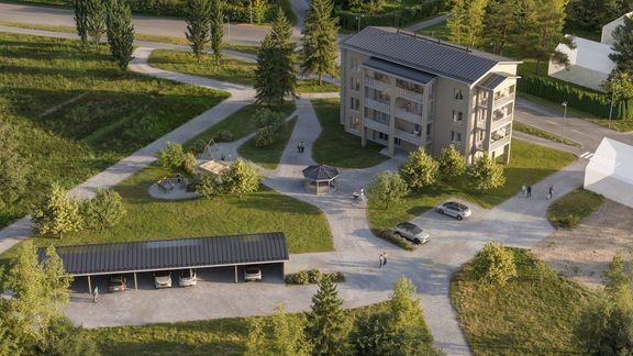 Havainnekuva Paraisten Kirkkoesplanadille rakennettavasta hirsikerrostalosta. 