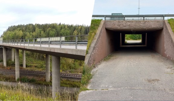 Vasemmalla Vehkamäen ylikulkusillat Kaarinassa, oikealla Hoikkalan alikulkukäytävät Raisiossa. 